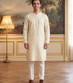 Men's off white jacquard woven design ethnic motifs kurta with trousers – trendy festive & wedding wear