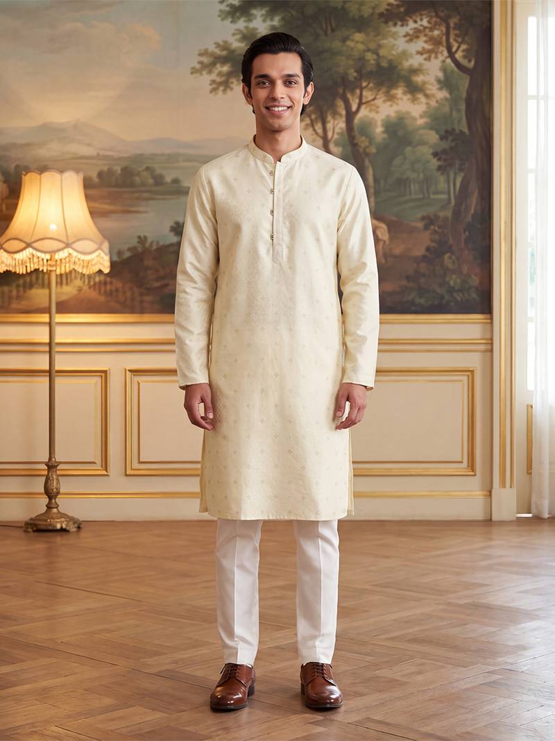 Men's off white jacquard woven design ethnic motifs kurta with trousers – trendy festive & wedding wear