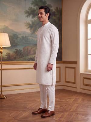 Men's white pure cotton woven design ethnic motifs kurta with trousers – trendy festive & wedding wear 3