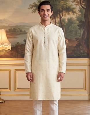 Men's off white jacquard woven design ethnic motifs kurta with trousers – trendy festive & wedding wear 2