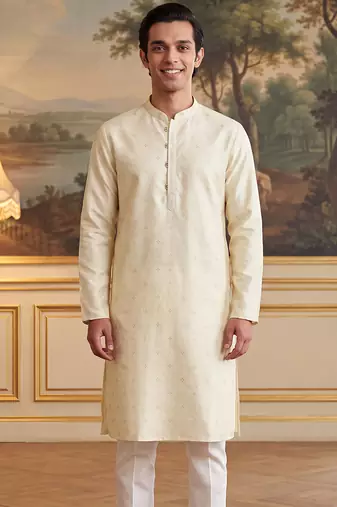 Men's off white jacquard woven design ethnic motifs kurta with trousers trendy festive & wedding wear