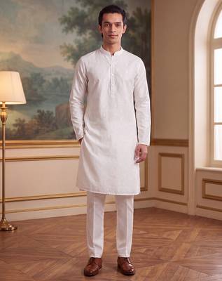 Men's white pure cotton woven design ethnic motifs kurta with trousers – trendy festive & wedding wear 5