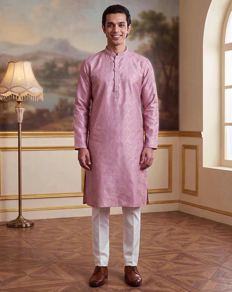 Men's pink jacquard embroidered design geometric kurta – stylish festive ethnic wear