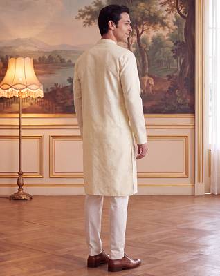 Men's off white jacquard woven design ethnic motifs kurta with trousers – trendy festive & wedding wear 4