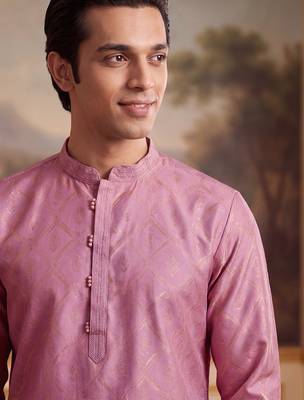 Men's pink jacquard embroidered design geometric kurta – stylish festive ethnic wear 2