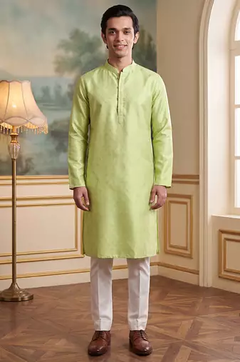 Men's green jacquard woven design ethnic motifs kurta stylish festive ethnic wear