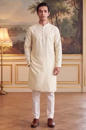 Men's off white jacquard woven design ethnic motifs kurta with trousers trendy festive & wedding wear