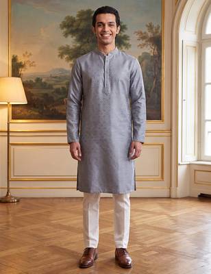 Men's grey jacquard woven design ethnic motifs kurta with trousers – trendy festive & wedding wear 1