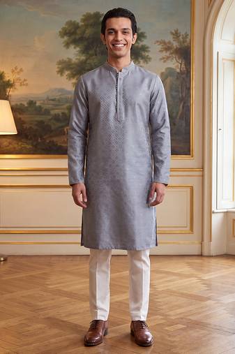 Men's grey jacquard woven design ethnic motifs kurta with trousers – trendy festive & wedding wear