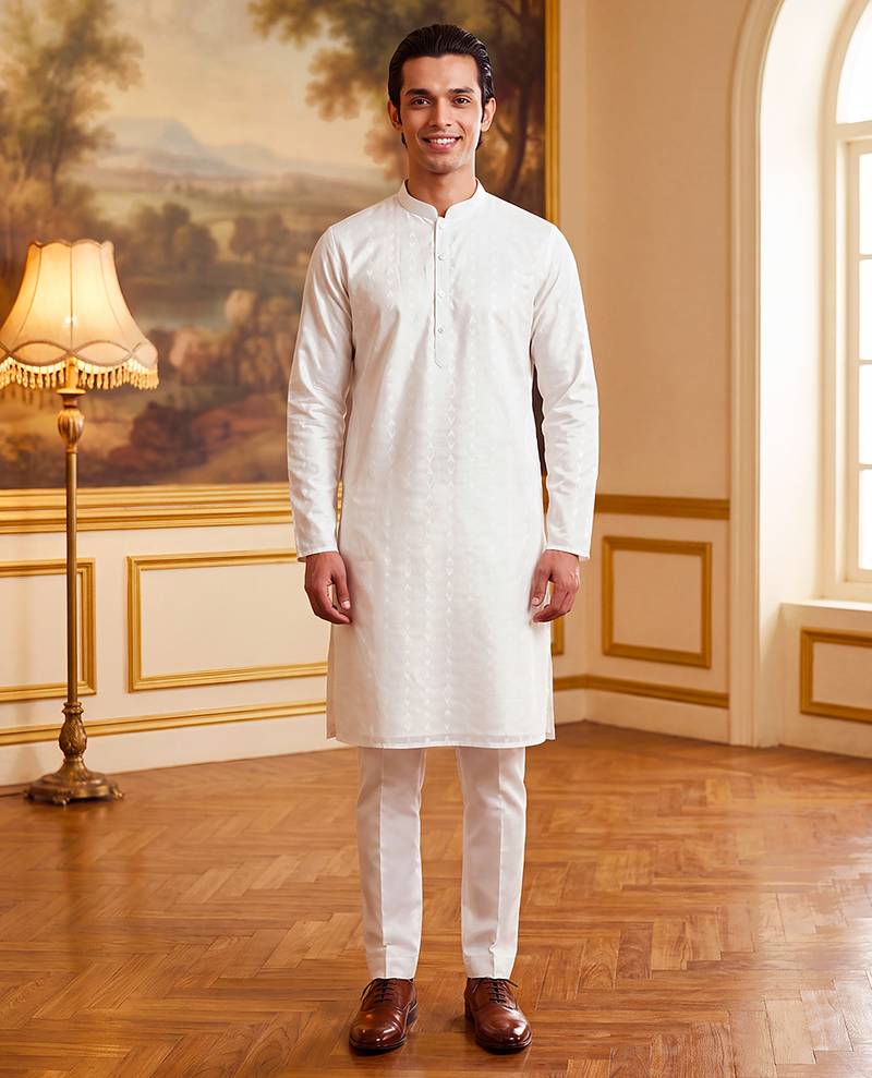 Men's white pure cotton woven design ethnic motifs kurta with trousers – trendy festive & wedding wear