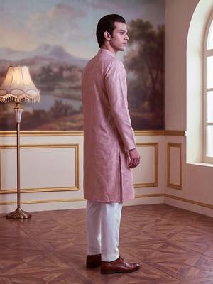 Men's pink jacquard embroidered design geometric kurta – stylish festive ethnic wear 3