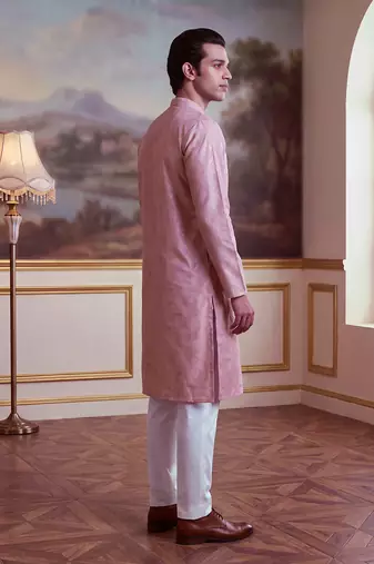 Men's pink jacquard embroidered design geometric kurta     stylish festive ethnic wear