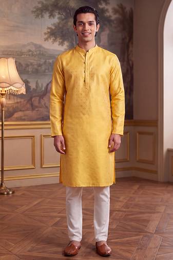 Men's yellow jacquard woven design ethnic motifs kurta stylish festive ethnic wear