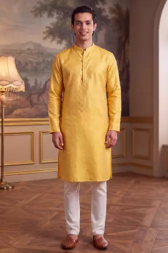 Men's yellow jacquard woven design ethnic motifs kurta – stylish festive ethnic wear