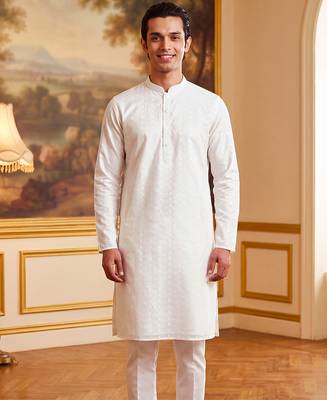 Men's white pure cotton woven design ethnic motifs kurta with trousers – trendy festive & wedding wear 2