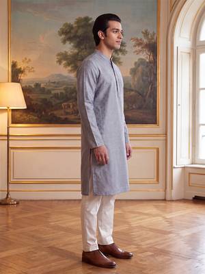 Men's grey jacquard woven design ethnic motifs kurta with trousers – trendy festive & wedding wear 2