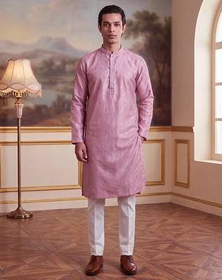 Men's pink jacquard embroidered design geometric kurta – stylish festive ethnic wear 4