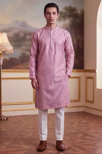 Men's pink jacquard embroidered design geometric kurta     stylish festive ethnic wear