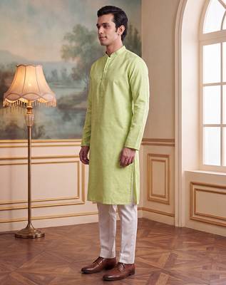 Men's green jacquard woven design ethnic motifs kurta – stylish festive ethnic wear 3