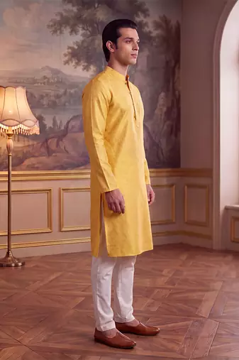 Men's yellow jacquard woven design ethnic motifs kurta – stylish festive ethnic wear