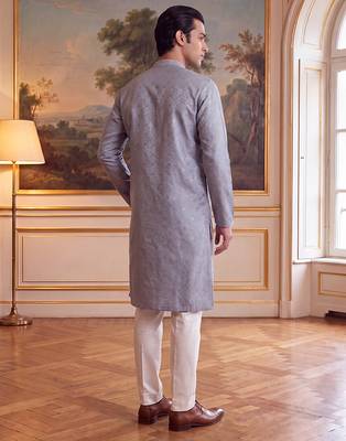 Men's grey jacquard woven design ethnic motifs kurta with trousers – trendy festive & wedding wear 3