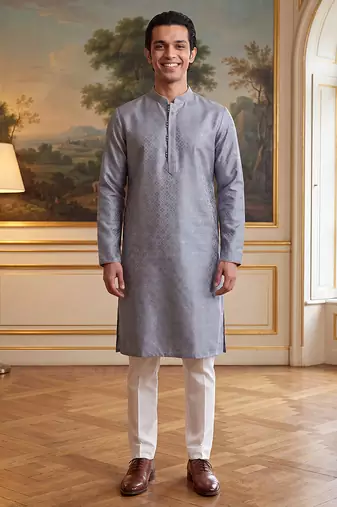 Men's grey jacquard woven design ethnic motifs kurta stylish festive ethnic wear