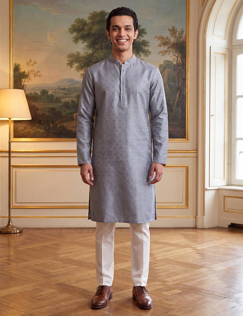 Men's grey jacquard woven design ethnic motifs kurta – stylish festive ethnic wear