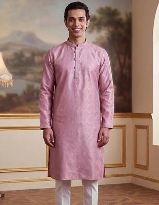 Men's pink jacquard embroidered design geometric kurta – stylish festive ethnic wear 5
