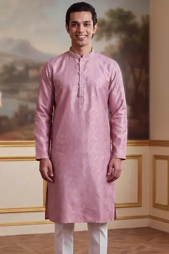 Men's pink jacquard embroidered design geometric kurta     stylish festive ethnic wear