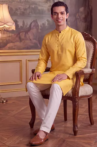 Men's yellow jacquard woven design ethnic motifs kurta – stylish festive ethnic wear