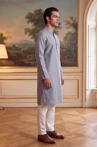 Men's grey jacquard woven design ethnic motifs kurta stylish festive ethnic wear