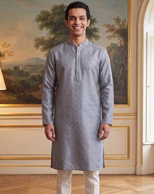 Men's grey jacquard woven design ethnic motifs kurta with trousers – trendy festive & wedding wear 4