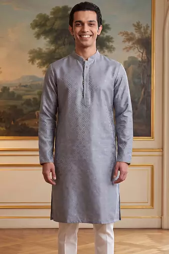 Men's grey jacquard woven design ethnic motifs kurta with trousers trendy festive & wedding wear