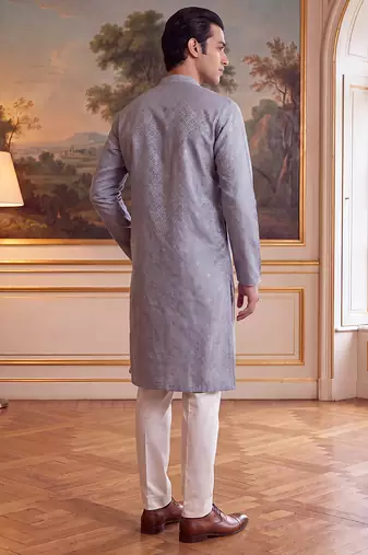 Men's grey jacquard woven design ethnic motifs kurta stylish festive ethnic wear