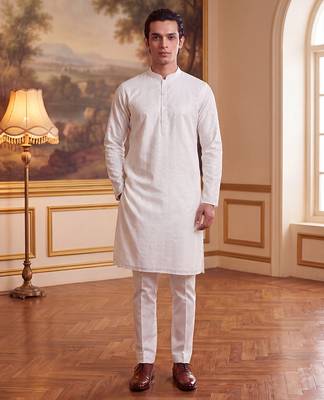 Men's white pure cotton woven design ethnic motifs kurta with trousers – trendy festive & wedding wear 5