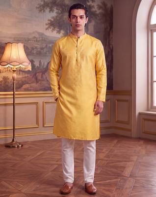 Men's yellow jacquard woven design ethnic motifs kurta – stylish festive ethnic wear 4