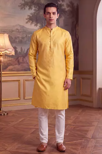 Men's yellow jacquard woven design ethnic motifs kurta – stylish festive ethnic wear