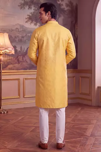 Men's yellow jacquard woven design ethnic motifs kurta – stylish festive ethnic wear