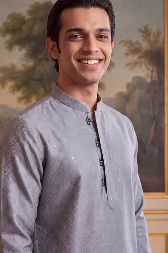 Men's grey jacquard woven design ethnic motifs kurta stylish festive ethnic wear