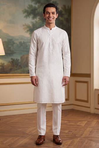 Men's white pure cotton woven design ethnic motifs kurta – stylish festive ethnic wear