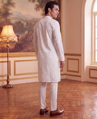 Men's white pure cotton woven design ethnic motifs kurta – stylish festive ethnic wear 4