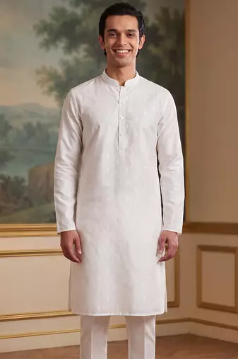 Men's white pure cotton woven design ethnic motifs kurta – stylish festive ethnic wear