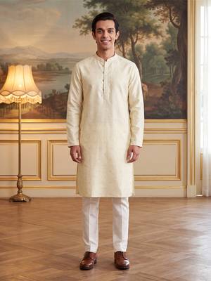 Men's off white jacquard woven design ethnic motifs kurta – stylish festive ethnic wear 1