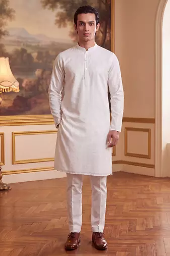 Men's white pure cotton woven design ethnic motifs kurta stylish festive ethnic wear