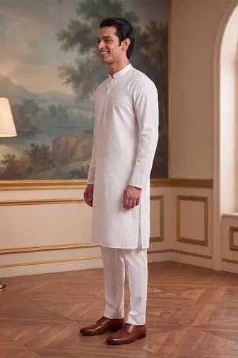 Men's white pure cotton woven design ethnic motifs kurta – stylish festive ethnic wear
