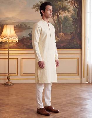 Men's off white jacquard woven design ethnic motifs kurta – stylish festive ethnic wear 3