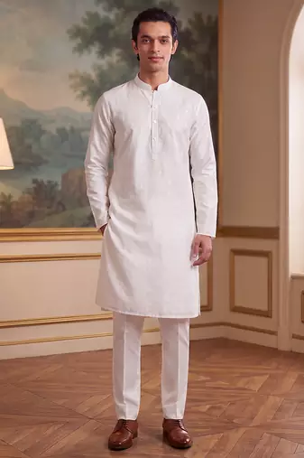 Men's white pure cotton woven design ethnic motifs kurta – stylish festive ethnic wear