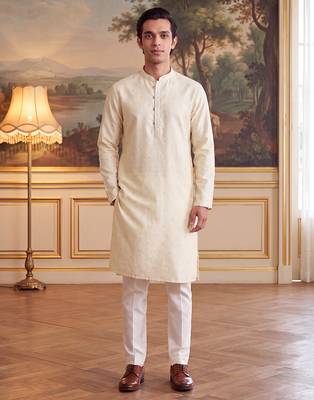 Men's off white jacquard woven design ethnic motifs kurta – stylish festive ethnic wear 5