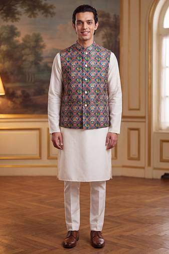 Men's blue silk blend patola print mandarin collar koti – trendy ethnic festive & wedding wear
