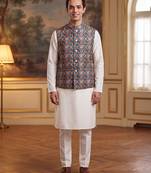 Men's blue silk blend patola print mandarin collar koti – trendy ethnic festive & wedding wear